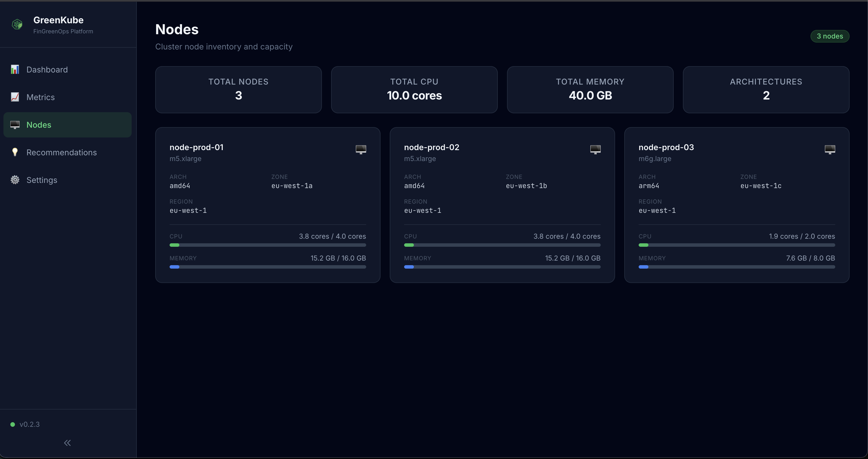 GreenKube nodes page showing node inventory and hardware metadata
