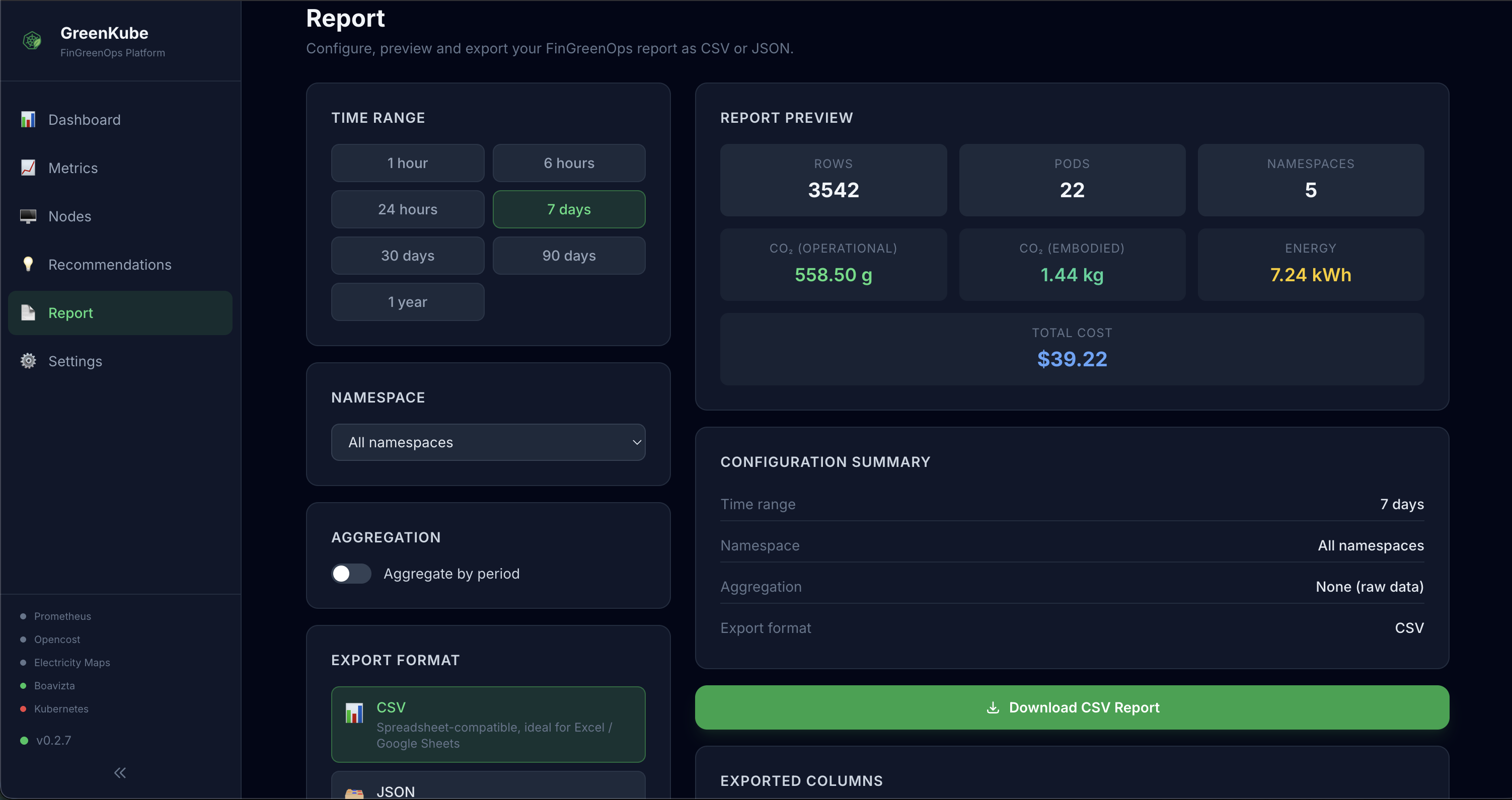 GreenKube report page with export parameters and preview