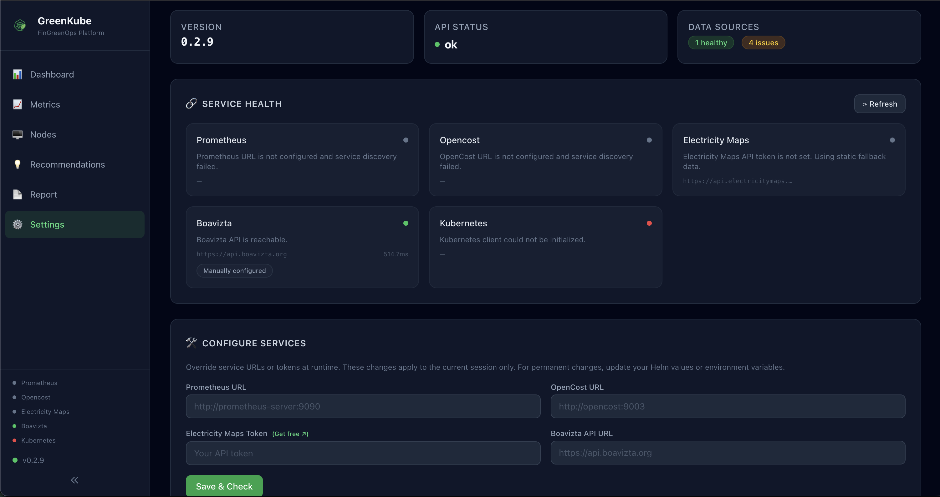 GreenKube settings page with health checks and runtime configuration
