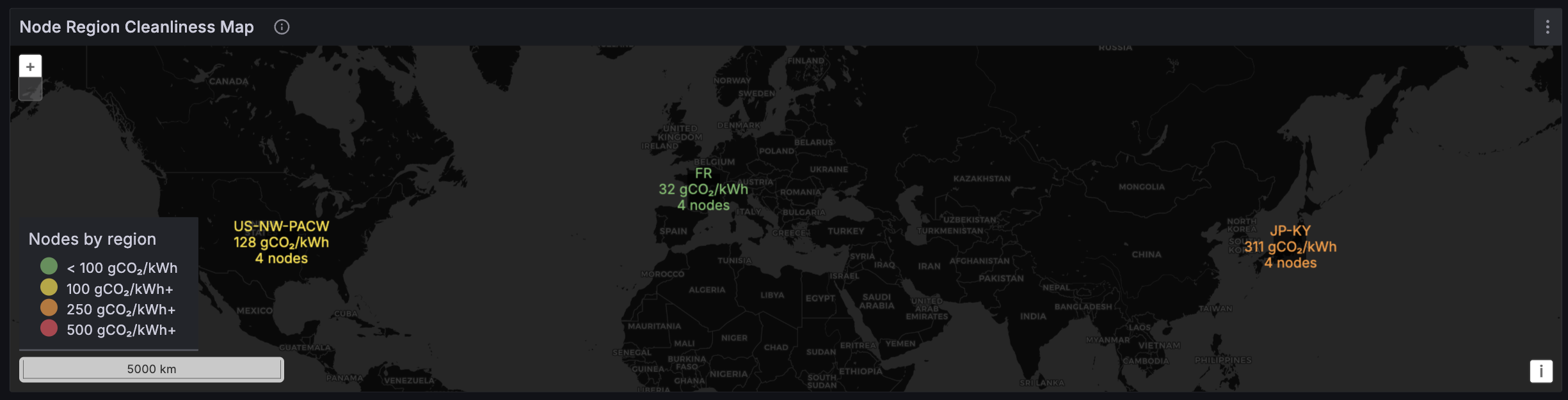 Regional node cleanliness — geomap colored by electricity-zone carbon intensity